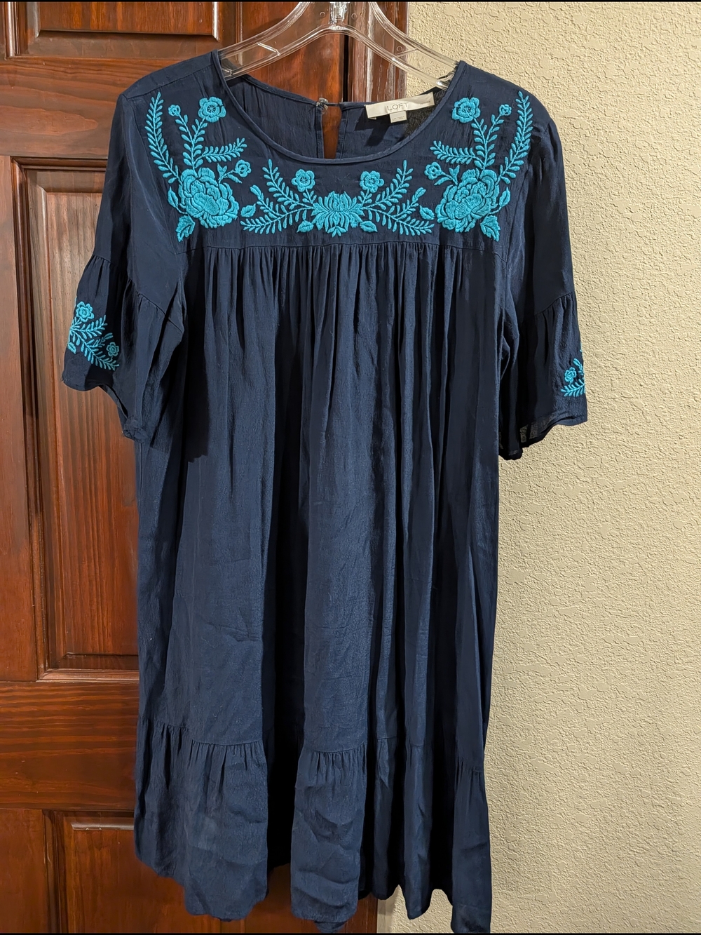 LOFT Navy Dress with Turquoise Embroidered Floral Yoke